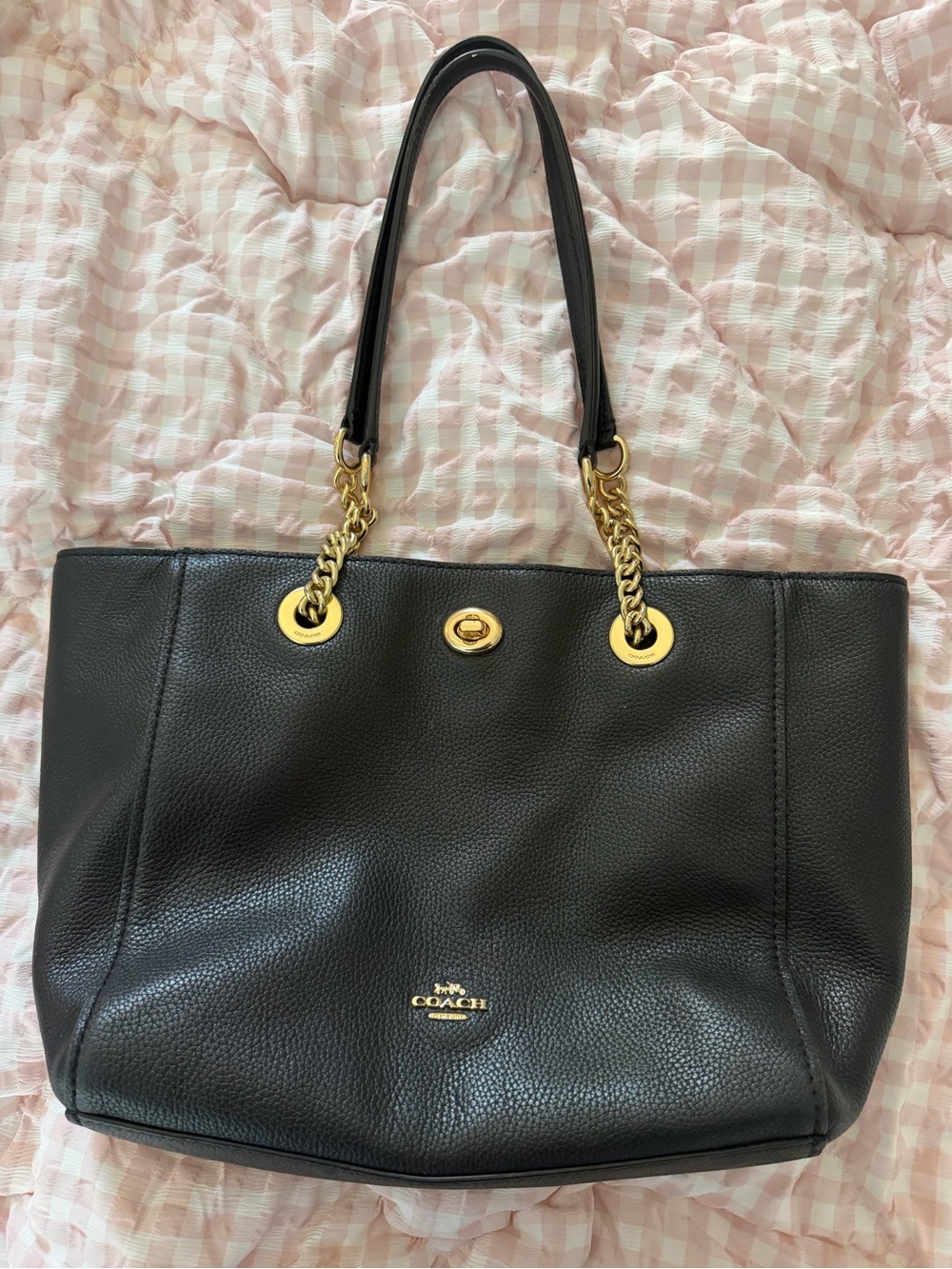 Coach Black Pebbled Leather Tote with Gold Chain Handles